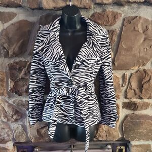 Copper Key Zebra-Print Belted Peacoat Jacket - Black & White